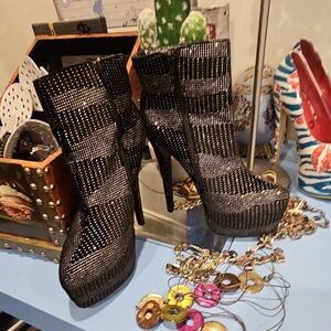 BUMPER Black Rhinestone Crystal Platform Block Heel Ankle Booties 🖤 7.5 Heel 6"